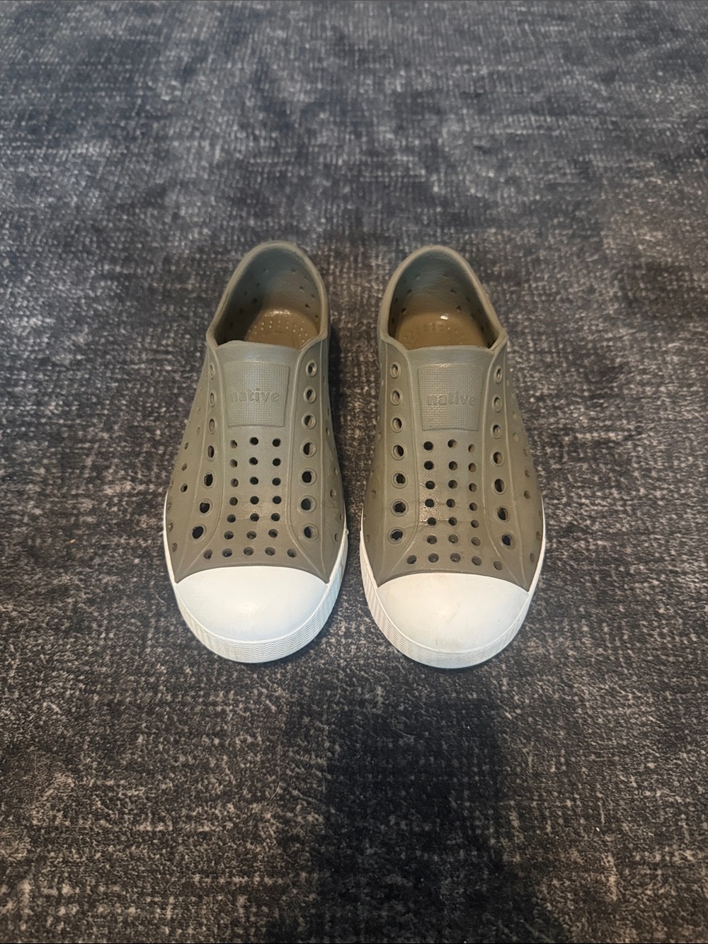 Native Olive Green Slip-On Sneakers with White Toe Cap